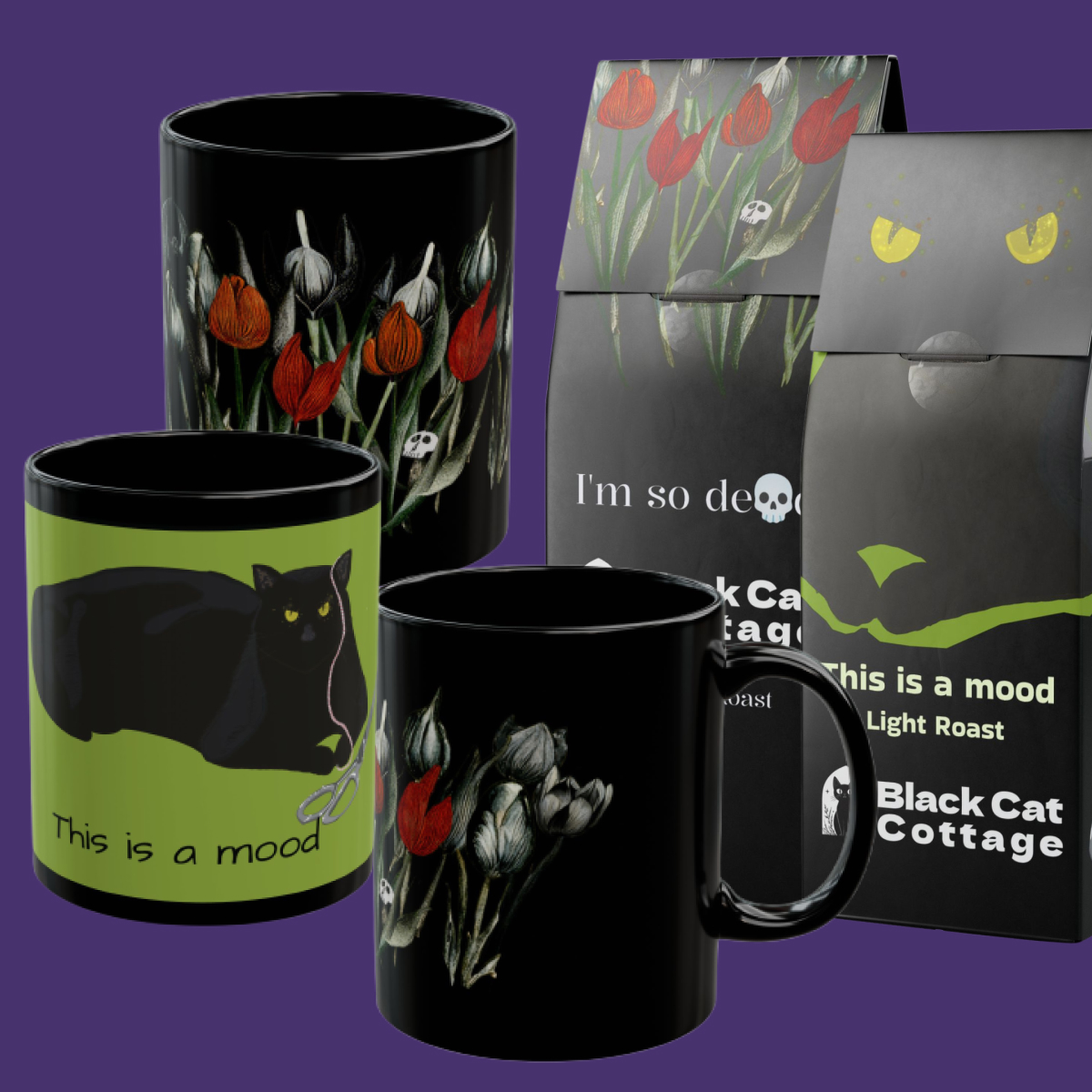 Black Cat Cottage Ceramic Mugs and Coffee Collection