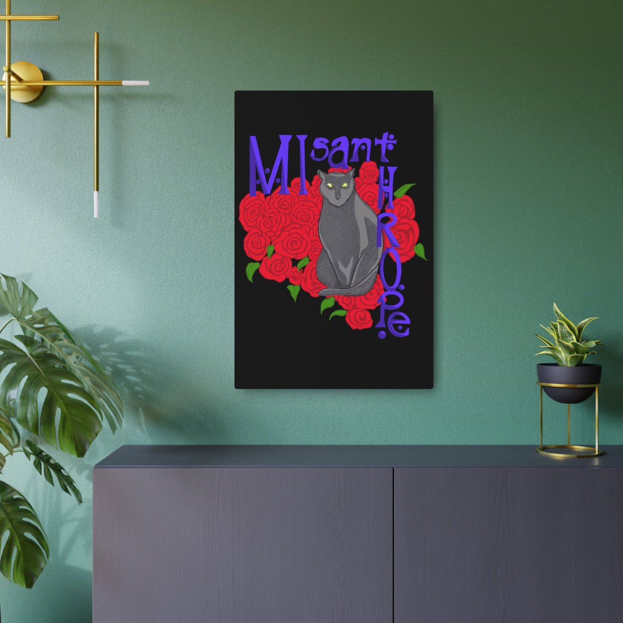 Dark grey cat on black metal sign with red roses and in purple the word misanthrope