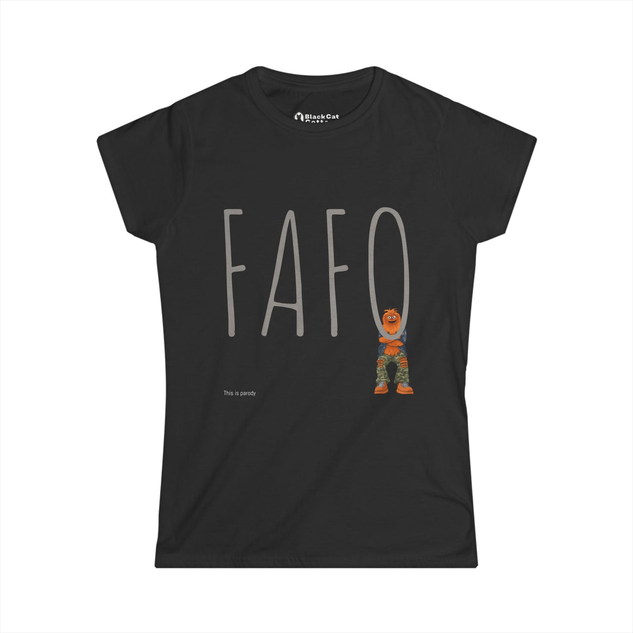 Black t-shirt with large gray letters FAFO and a small, illustrated character in orange and camo standing near the last letter. The phrase This is purely appears in small white text.