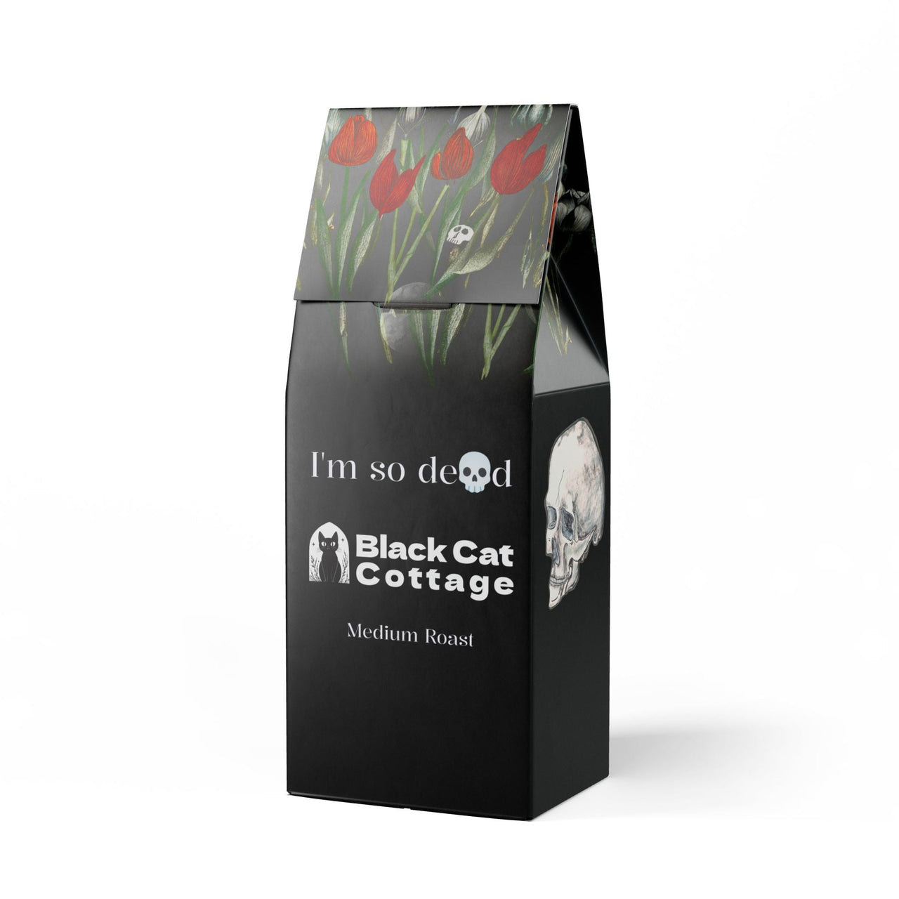 12 oz coffee package with gothic floral design and skulls on it and the black cat cottage logo, along with the phrase "I'm so dead" Medium Roast. 