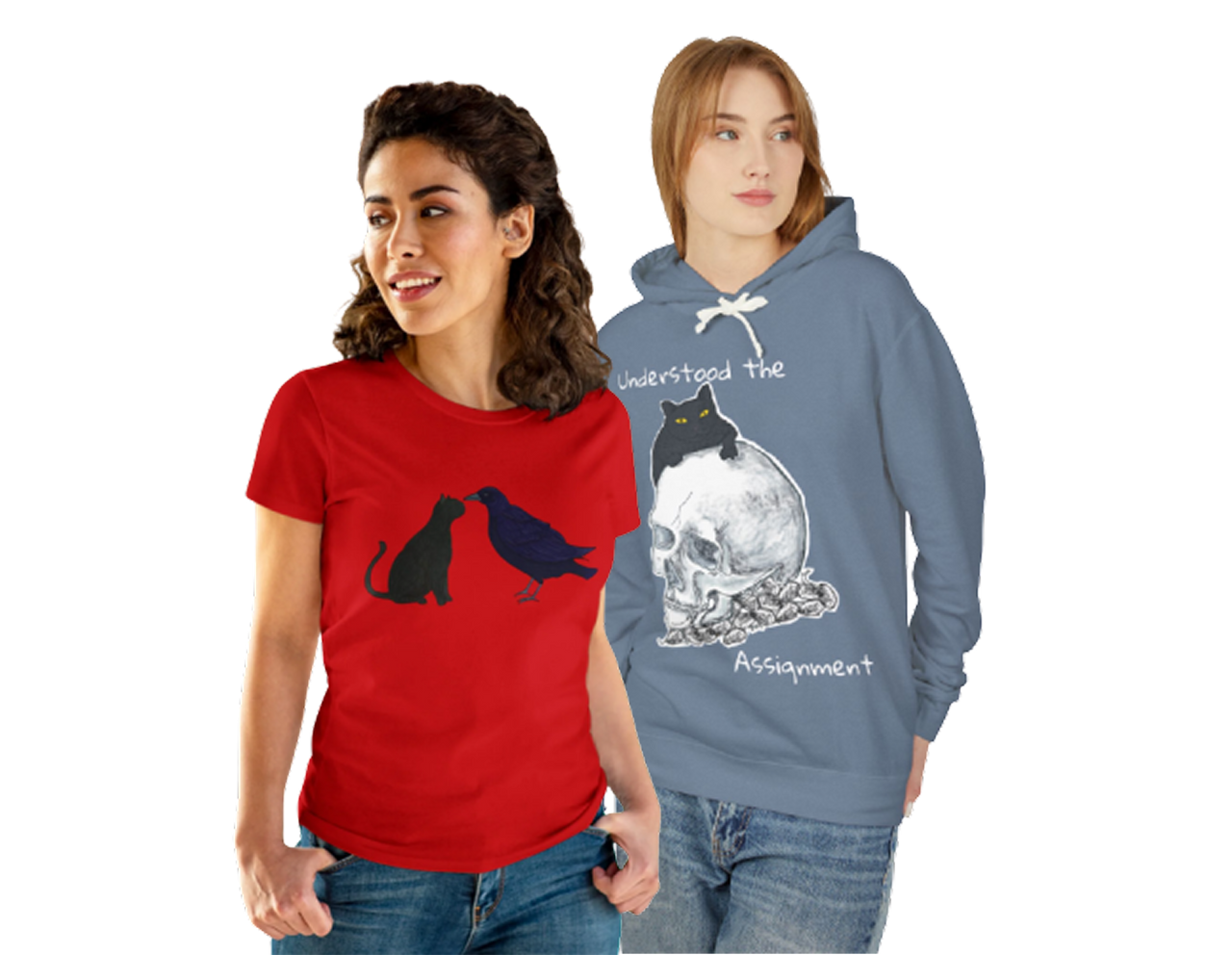 Two models wearing a t-shirt and a hoodie, each featuring designs which include a black cat