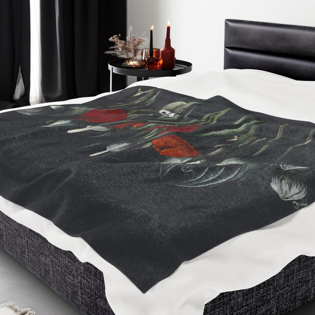 A dark grey shower curtain featuring gothic bloom floral design. Two people are in the bathtub peaking out from behind the curtain
