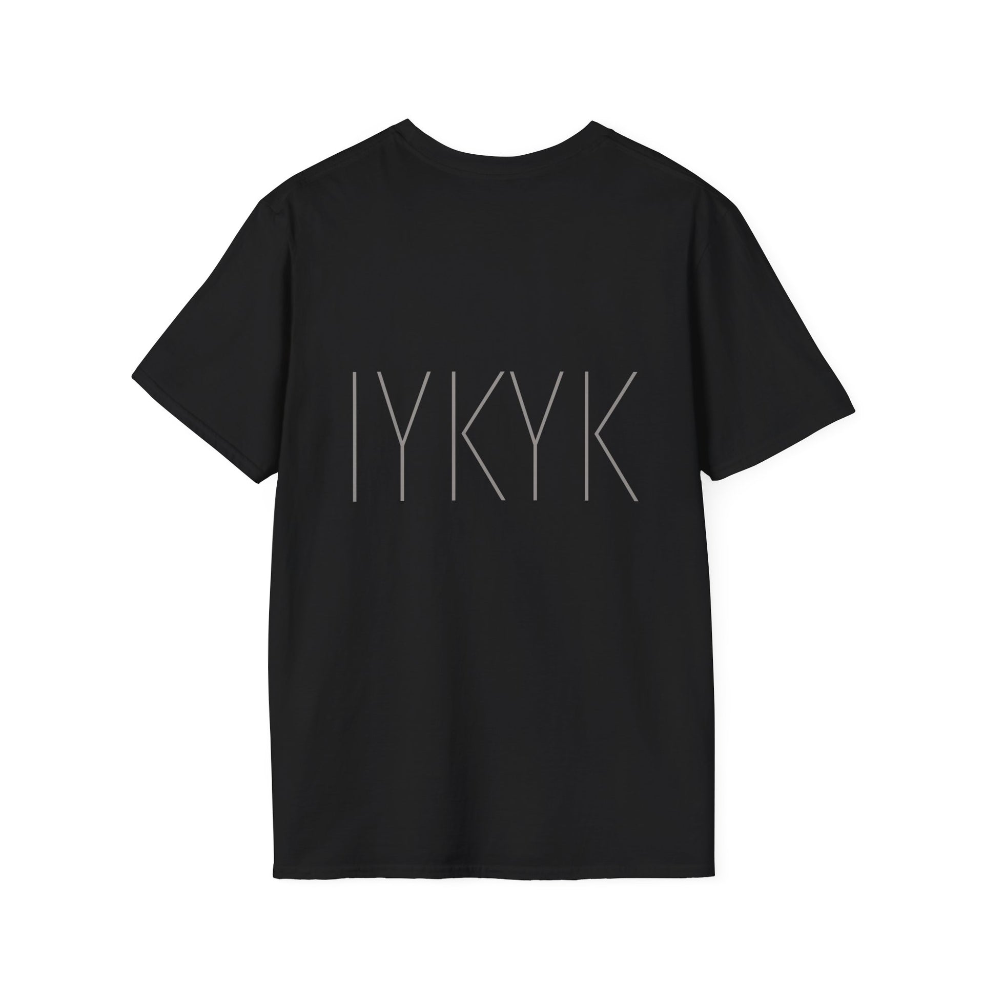 The FAFO IYKYK Gritty men's t-shirt by Printify is a comfy black unisex softstyle tee, featuring bold, large "IYKYK" lettering in a light font across the back.
