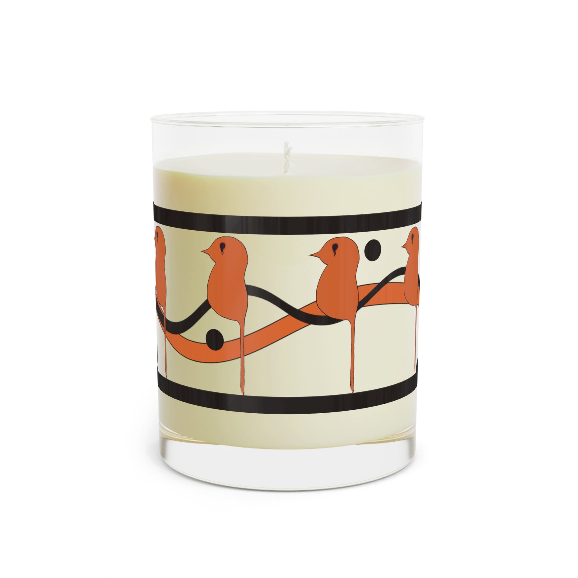The Printify Dream Bird Candle in blood orange scent offers a unique aromatic touch. It comes in a glass holder with beige background and is adorned with an orange bird silhouette pattern, black lines, and dots. Enjoy up to 65 hours of burn time.