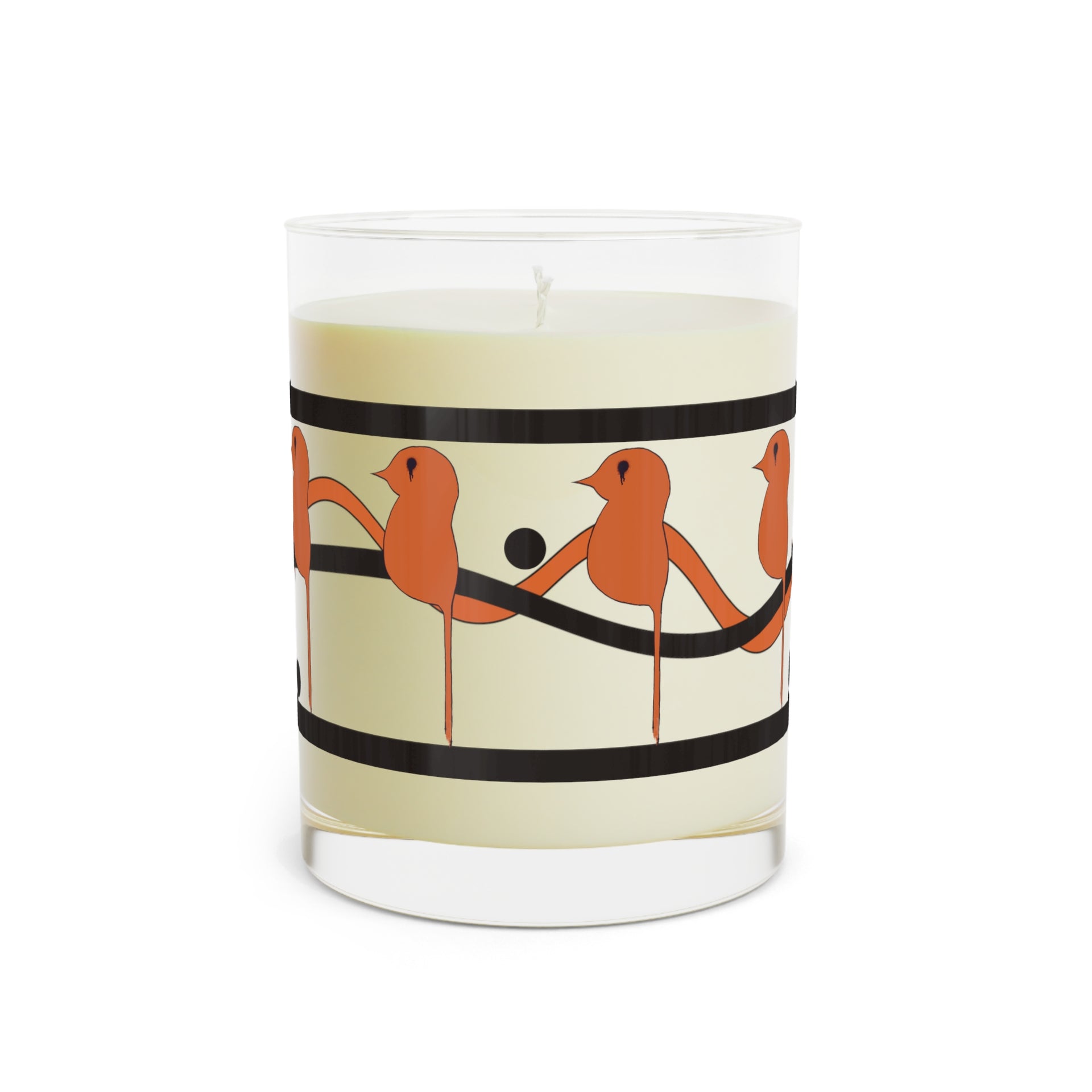 The Dream Bird Candle by Printify showcases a decorative design with orange birds on black lines, enveloping cream-colored soy wax in a clear glass holder. Its perfect for aromatherapy sessions and offers a unique blood orange scent with a 65-hour burn time.