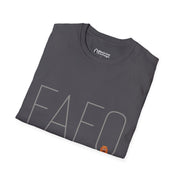 The FAFO IYKYK Gritty men's t-shirt by Printify is a folded dark gray unisex softstyle tee featuring bold light gray "FAFO" lettering and a small orange cartoon cat face, offering comfortable casual style for everyday wear.