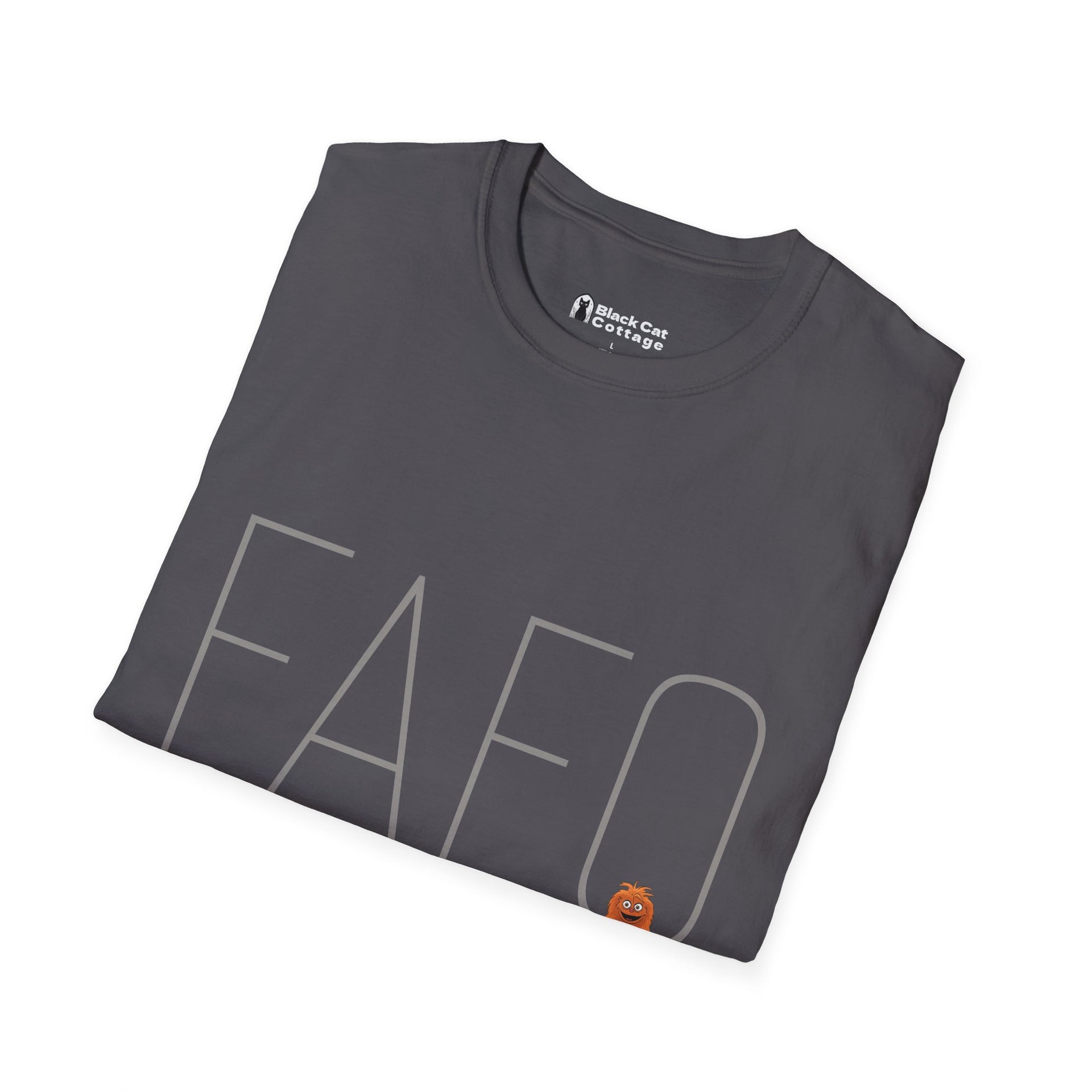 The FAFO IYKYK Gritty men's t-shirt by Printify is a folded dark gray unisex softstyle tee featuring bold light gray "FAFO" lettering and a small orange cartoon cat face, offering comfortable casual style for everyday wear.