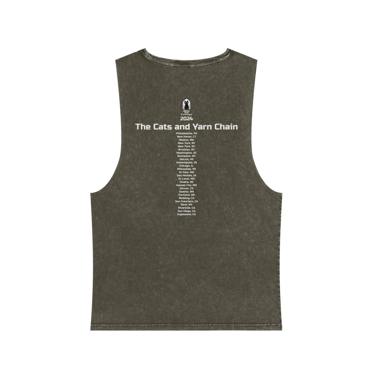 The Parody Concert Cotton Tank | Cats and the Yarn Chain - Catsglow Eyes by Printify is a sleeveless dark gray top with white 2024 Cats text and multiple city names on the back, giving it a classic concert tour tank vibe.