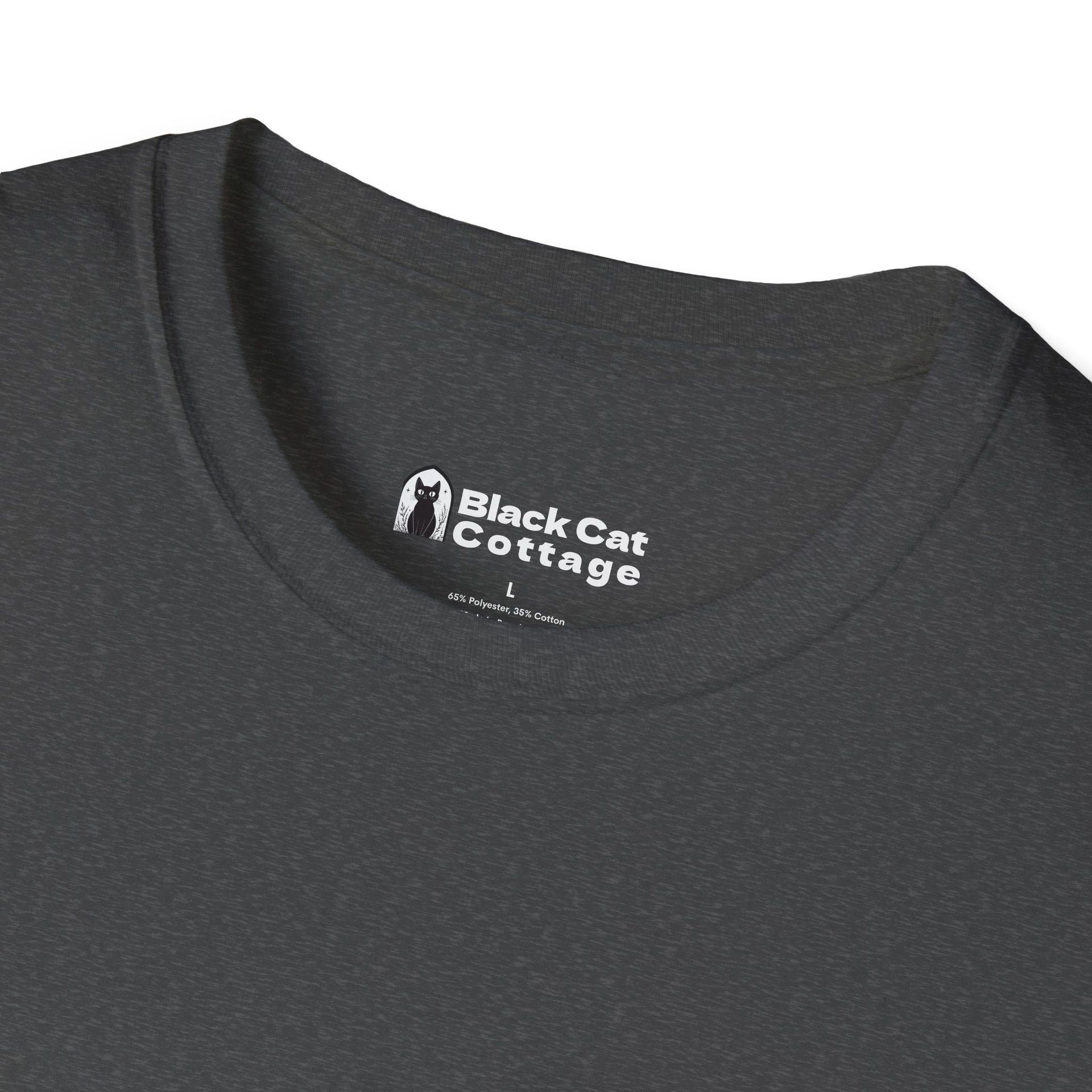 Close-up of the collar on a dark gray FAFO IYKYK Gritty men's t-shirt by Printify, showing a printed inner label with the brand name, cat logo, and size L.