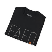 The FAFO IYKYK Gritty men’s t-shirt by Printify is a folded black softstyle unisex tee featuring large gray FAFO letters on the front and a small orange cartoon face at the bottom right—an iconic Philly phrase shirt.