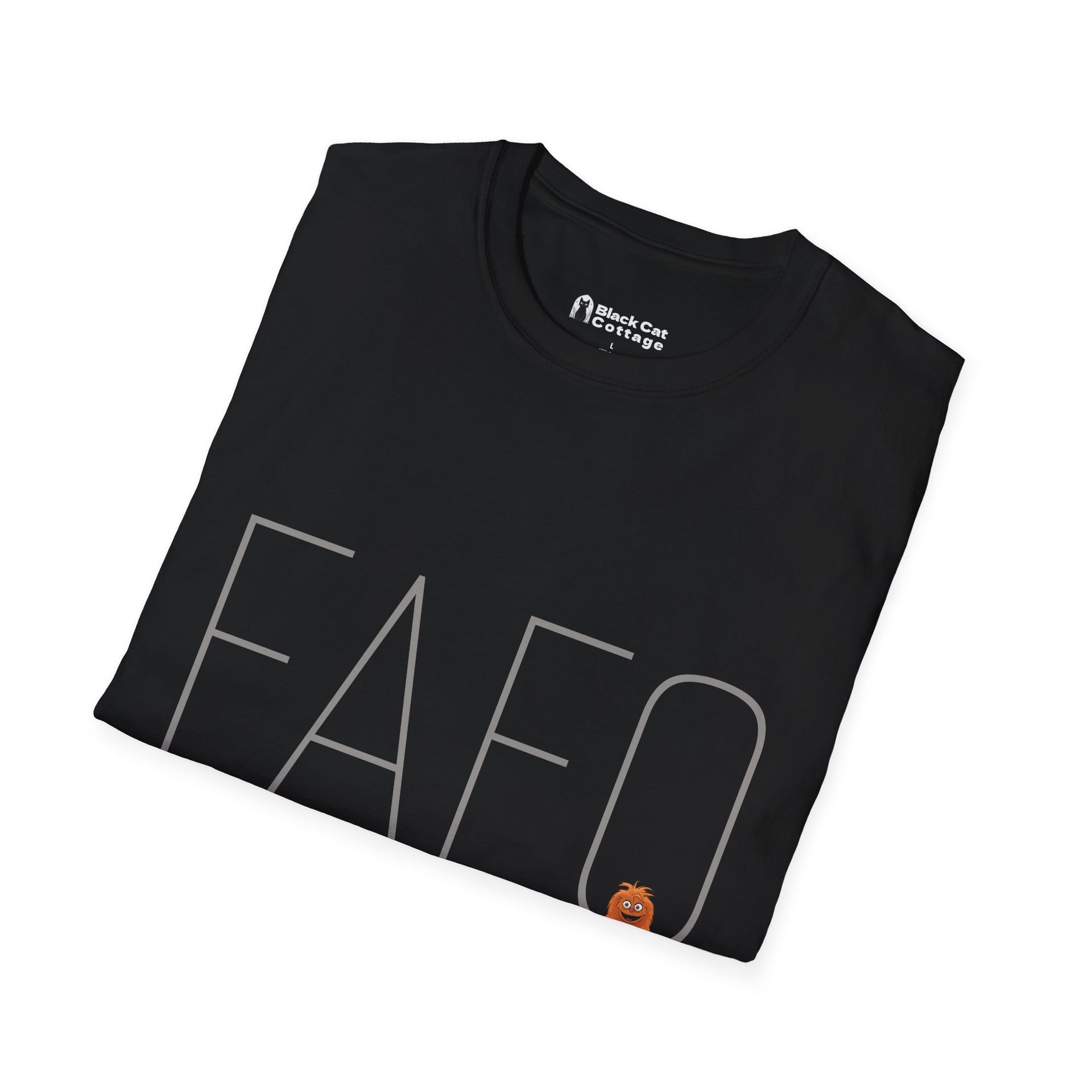 The FAFO IYKYK Gritty men’s t-shirt by Printify is a folded black softstyle unisex tee featuring large gray FAFO letters on the front and a small orange cartoon face at the bottom right—an iconic Philly phrase shirt.
