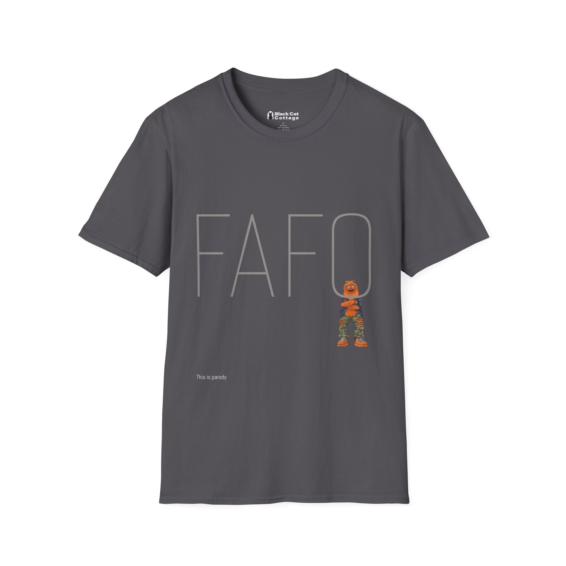 The FAFO IYKYK Gritty men's t-shirt by Printify features bold FAFO on the chest, a camo cartoon by the O, and "This is parody" under the F—a comfy, casual Philly phrase tee.