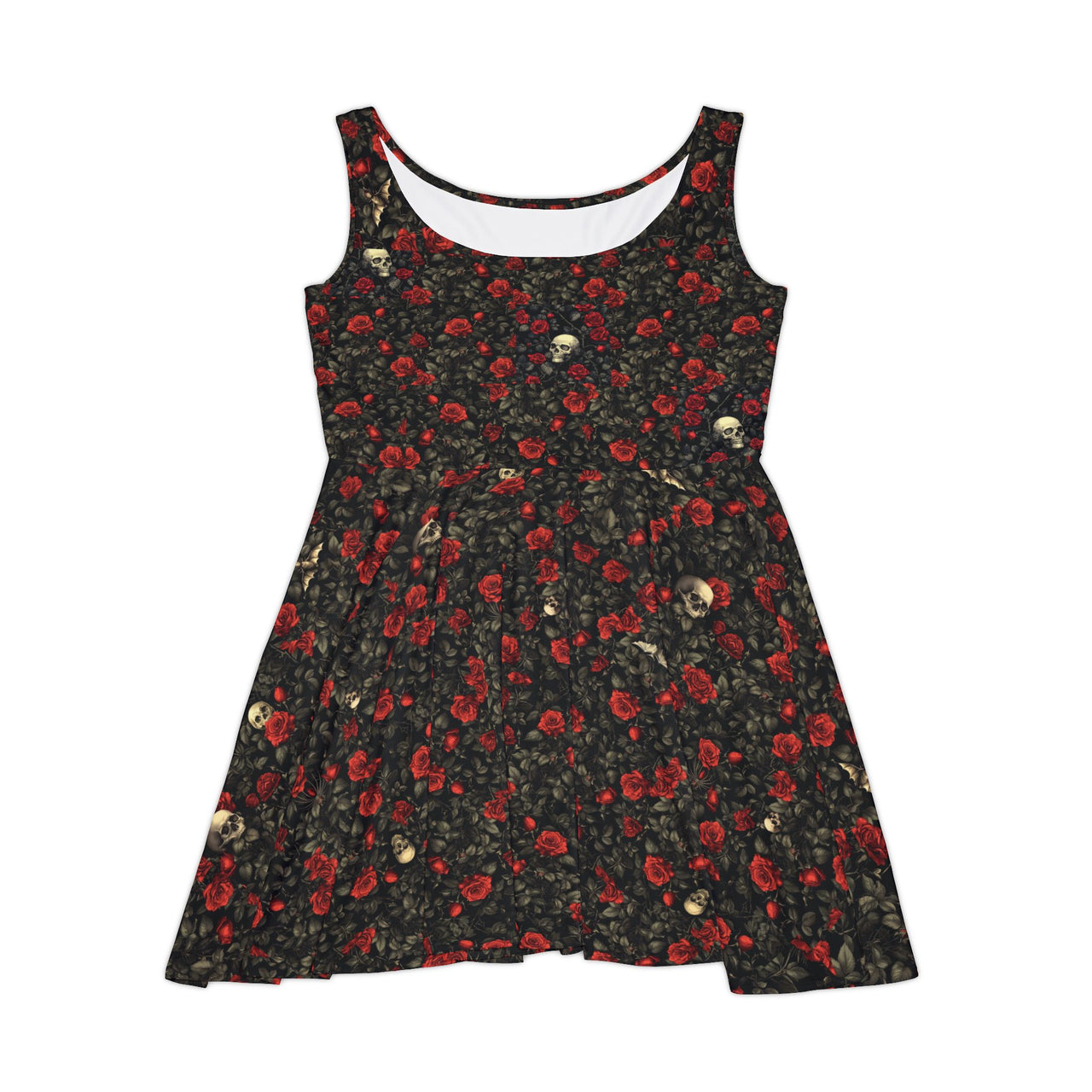 Roses and Skulls Print Skater Dress