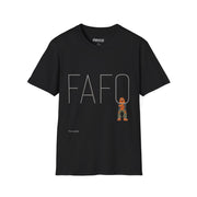 The Printify FAFO IYKYK Gritty men's t-shirt features large gray FAFO letters, a camo bear with a bat, and "This is parody" text—bold Philly style for casual wear.