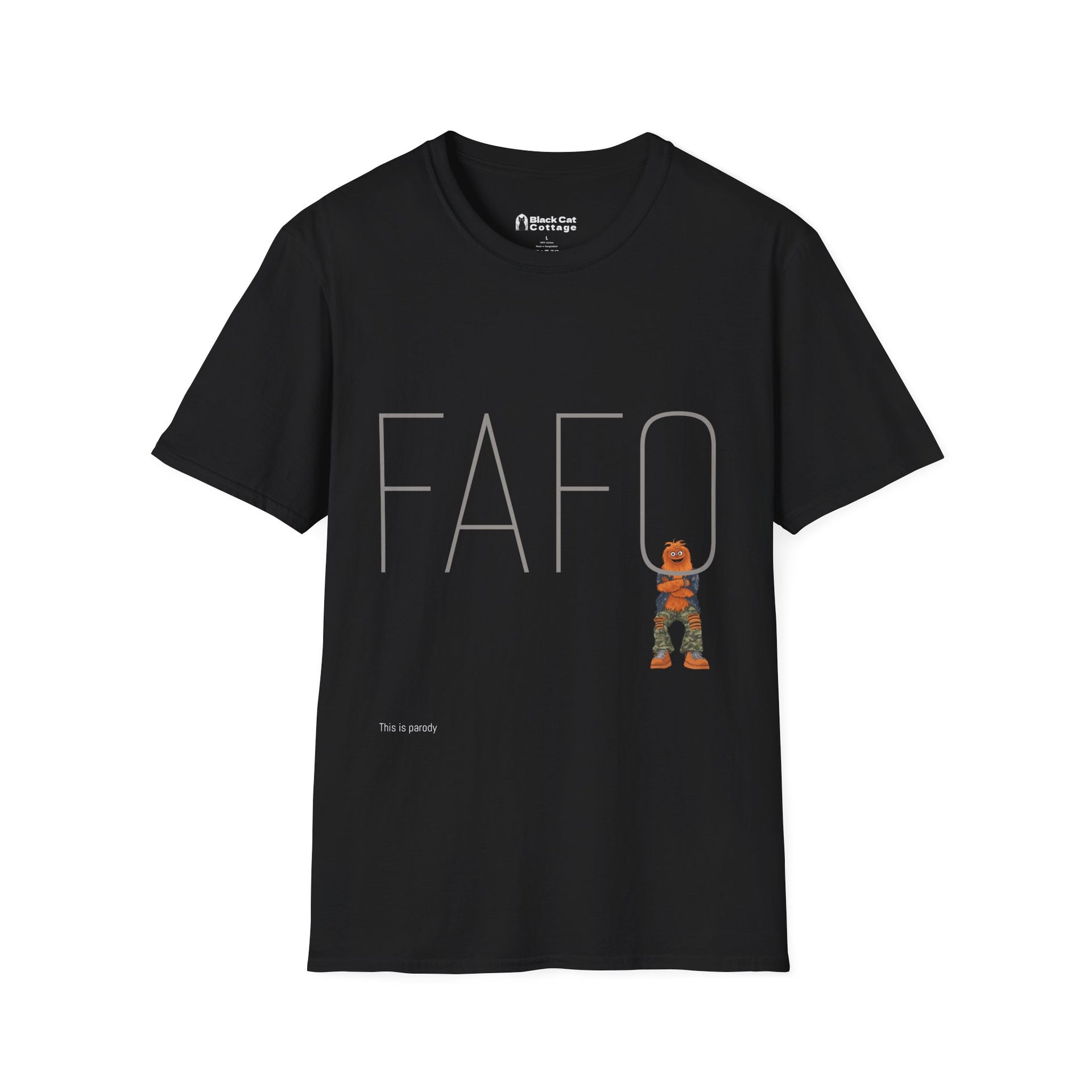 The Printify FAFO IYKYK Gritty men's t-shirt features large gray FAFO letters, a camo bear with a bat, and "This is parody" text—bold Philly style for casual wear.