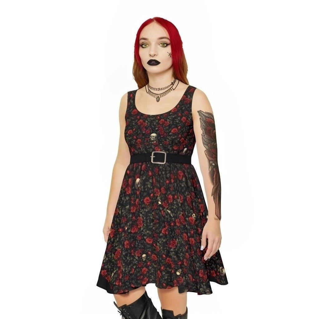 Roses and Skulls Print Skater Dress