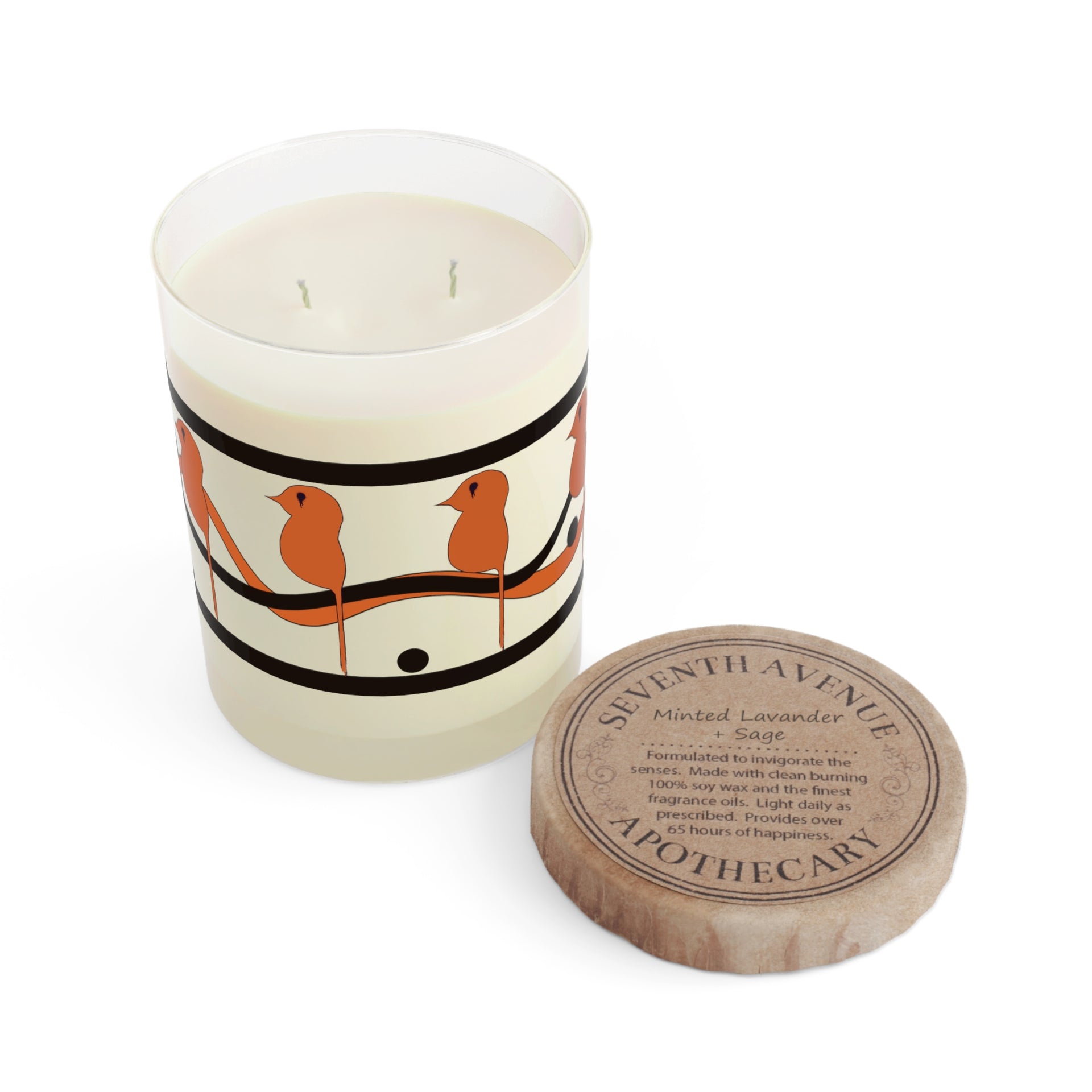 The Dream Bird Candle by Printify showcases a blood orange bird design on its label, set in a white soy wax candle with a wooden lid reading: Seventh Avenue Apothecary, Minted Lavender Sage. This two-wick beauty offers 65 hours of soothing aromatherapy for your home.