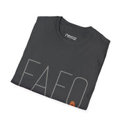 A dark gray Printify FAFO IYKYK Gritty men’s t-shirt features bold FAFO letters on the front and a small orange angry cartoon face under the O. “Black Cat Closet” is on the tag.