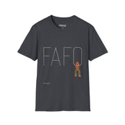 The FAFO IYKYK Gritty men’s t-shirt by Printify features large gray FAFO letters, a camo cartoon bear with a toy gun, and "This is parody" text below. Comfy dark gray unisex style—perfect for Philly phrase fans.