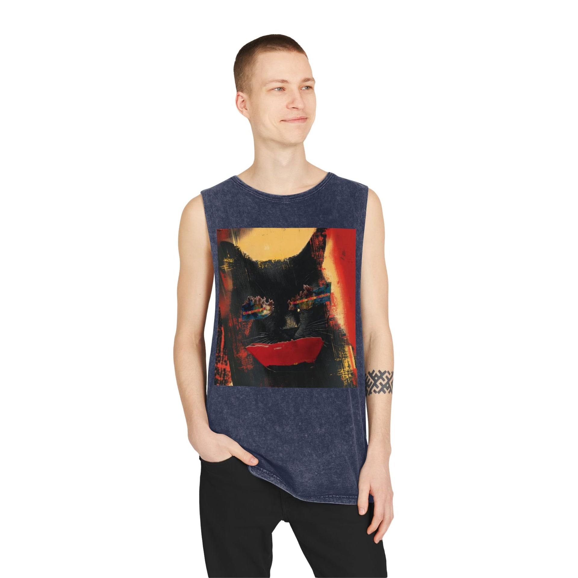 A person in a Parody Concert Cotton Tank | Cats and the Yarn Chain - Catsglow Eyes by Printify, featuring an abstract, colorful cat face, stands against a white background, smiling with one hand in their pocket.