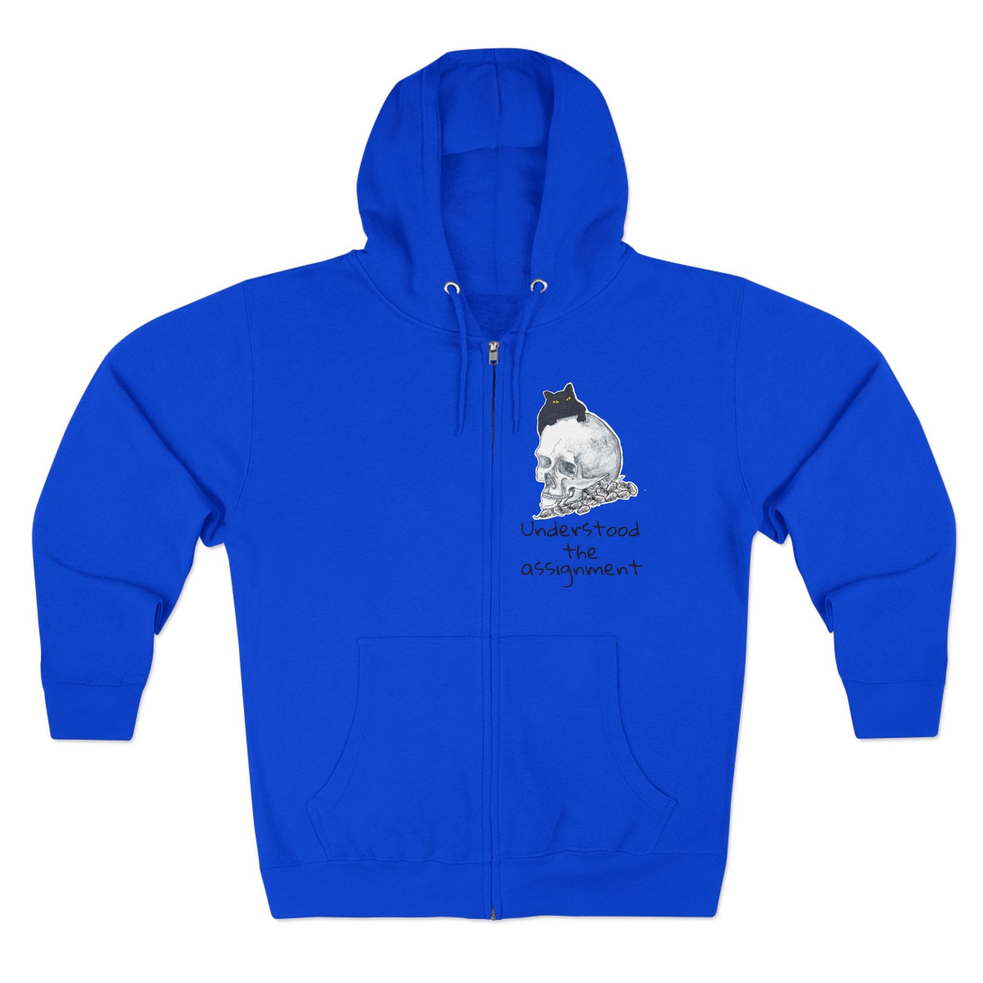 The Understood the Assignment Zip-Up Hoodie by Printify is a stylish unisex zip-up featuring a left-facing black and white cat with text on the front. It includes a drawstring hood and front pockets, seamlessly combining comfort with internet culture flair.