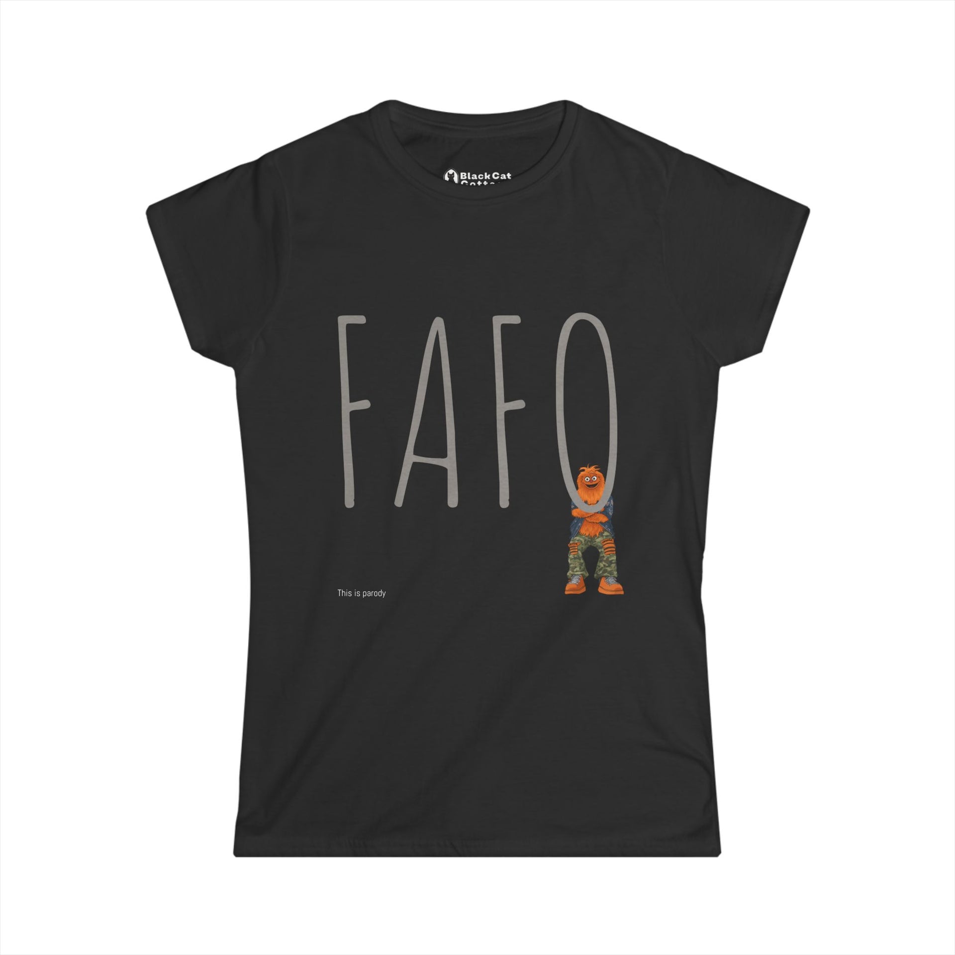 The Printify FAFO Gritty IYKYK Women's T-shirt is a black softstyle tee with bold gray "FAFO" letters across the chest and a quirky orange-and-green cartoon character at the bottom right for a fun accent.