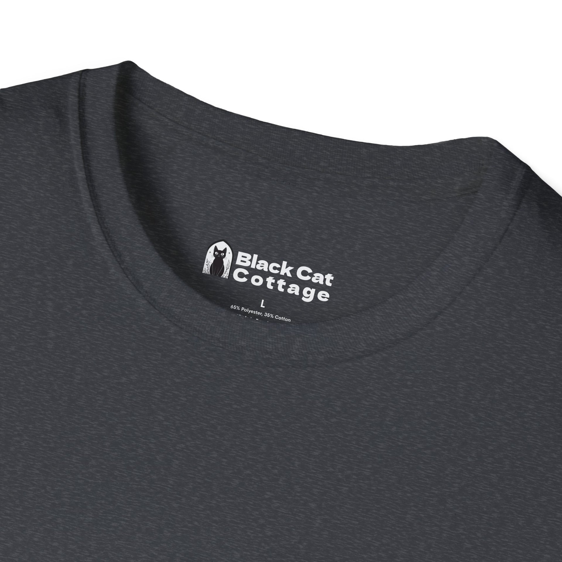 Close-up of a dark gray FAFO IYKYK Gritty men's t-shirt collar by Printify with a printed label, simple cat illustration, size L, and fabric info visible on this comfy casual tee.
