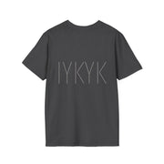 The Printify FAFO IYKYK Gritty men's t-shirt is a comfy black casual tee with "IYKYK" in bold light gray letters across the back.