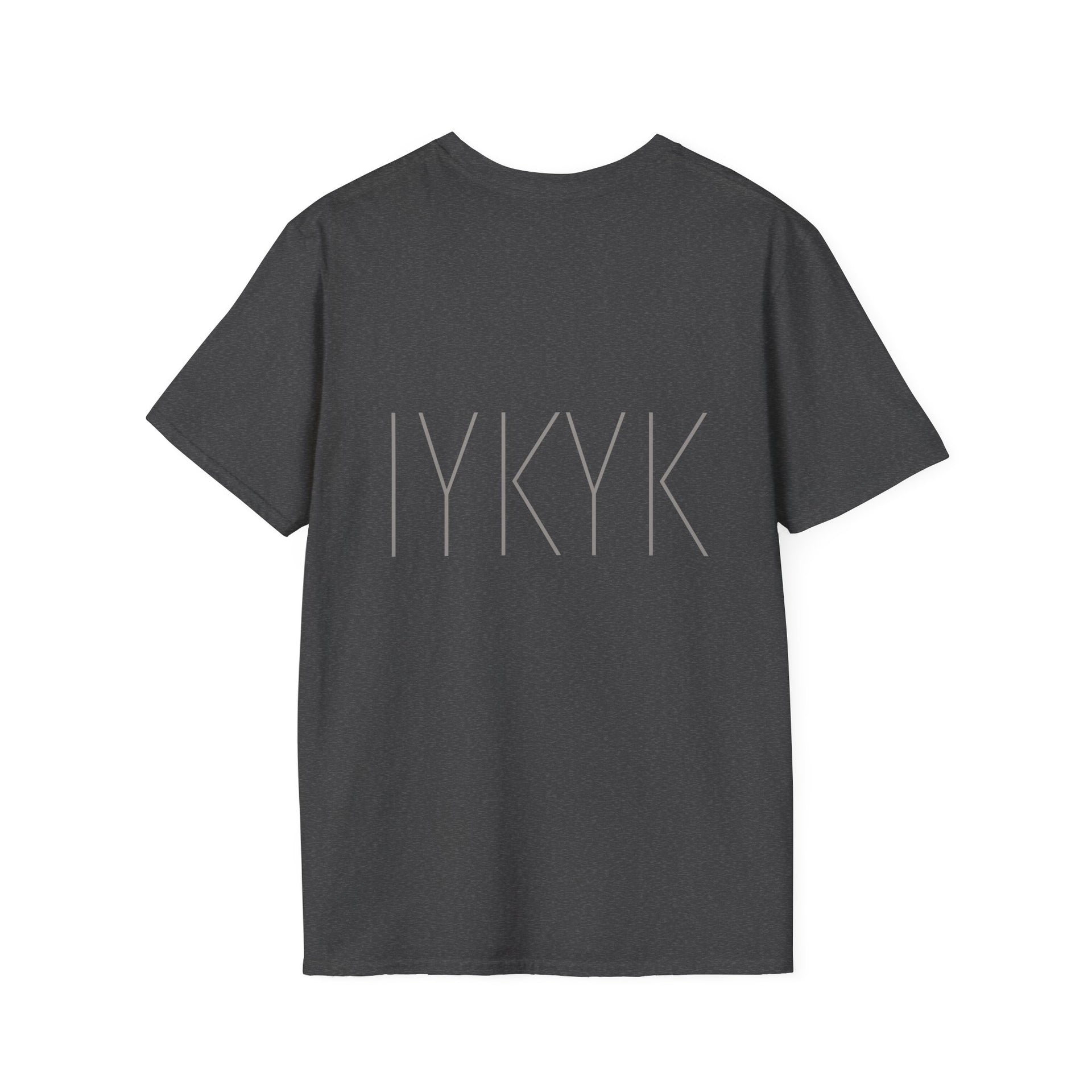 The Printify FAFO IYKYK Gritty men's t-shirt is a comfy black casual tee with "IYKYK" in bold light gray letters across the back.