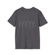 The FAFO IYKYK Gritty men's t-shirt by Printify is a soft, dark gray unisex tee featuring large, light gray "IYKYK" lettering across the back—ideal for comfortable, everyday wear.