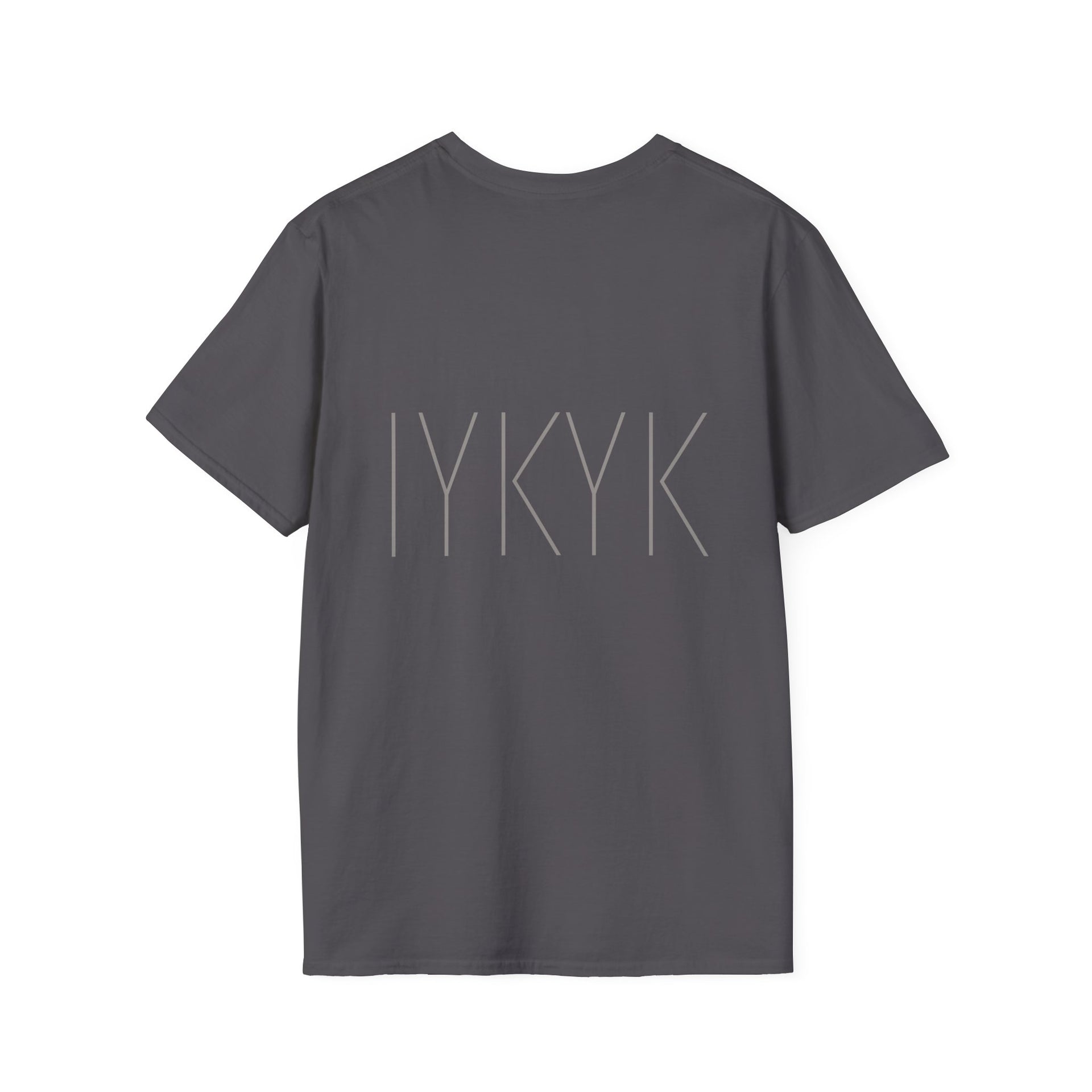 The FAFO IYKYK Gritty men's t-shirt by Printify is a soft, dark gray unisex tee featuring large, light gray "IYKYK" lettering across the back—ideal for comfortable, everyday wear.