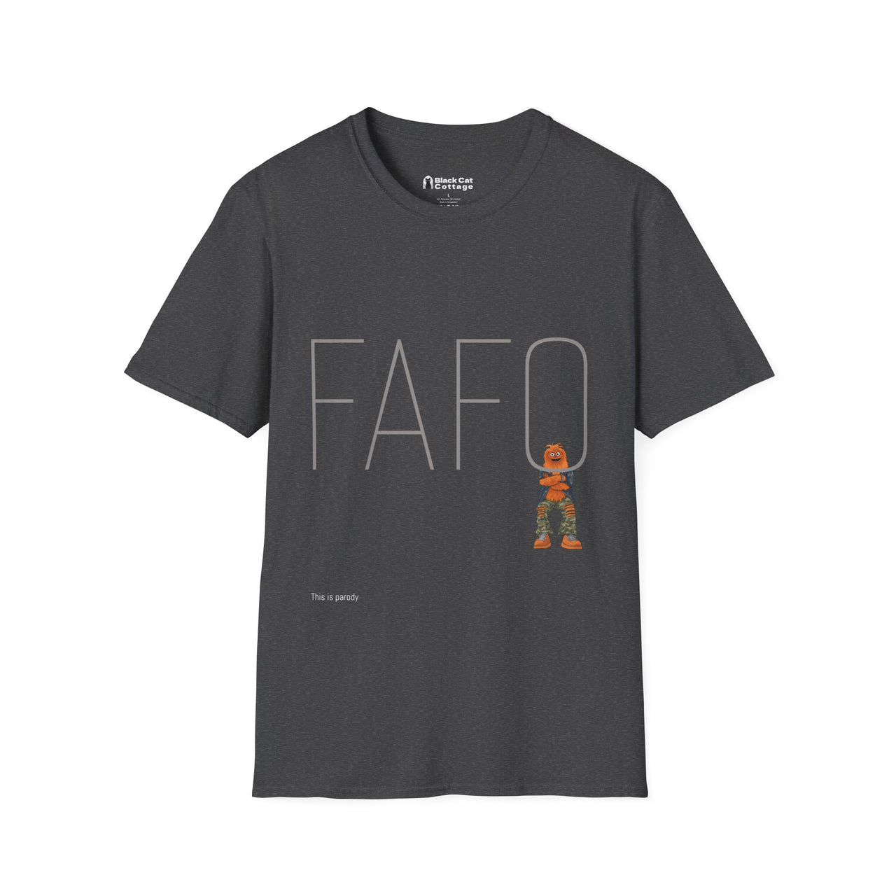 The FAFO IYKYK Gritty mens t shirt by Printify is a dark gray unisex softstyle tee featuring large FAFO letters, a cartoon bear in camo pants with a stick, and "This is parody" below. Comfortable and casual—perfect for everyday wear.
