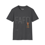 The FAFO IYKYK Gritty mens t shirt by Printify is a dark gray unisex softstyle tee featuring large FAFO letters, a cartoon bear in camo pants with a stick, and "This is parody" below. Comfortable and casual—perfect for everyday wear.