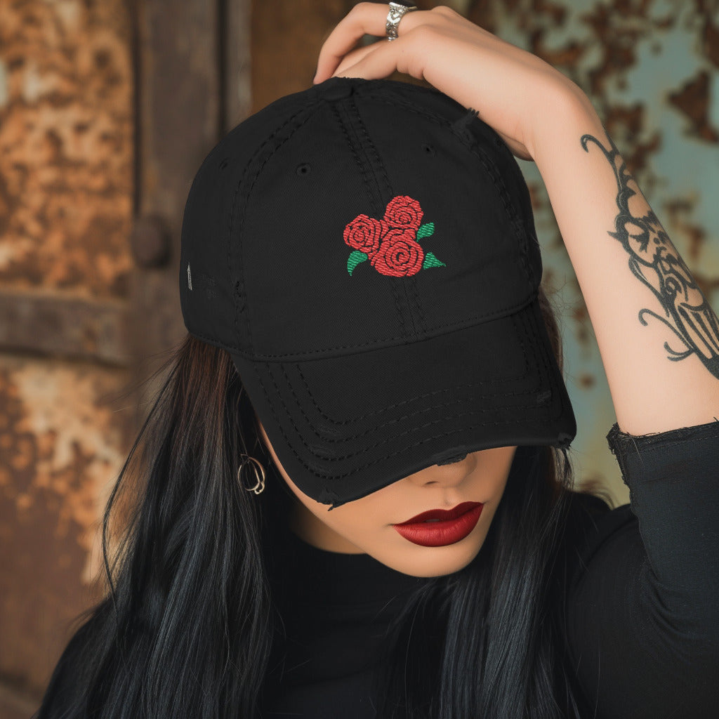 Distressed Hat with Gothic Floral Embroidery | Distressed Goth Punk Style